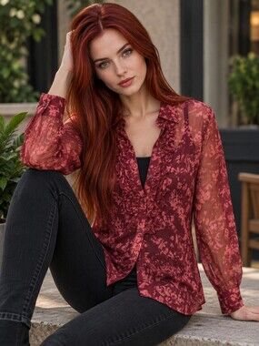 EUC NABI Size Large Art-to-Wear Crinkle Blouse Top Maroon Abstract Floral Print!